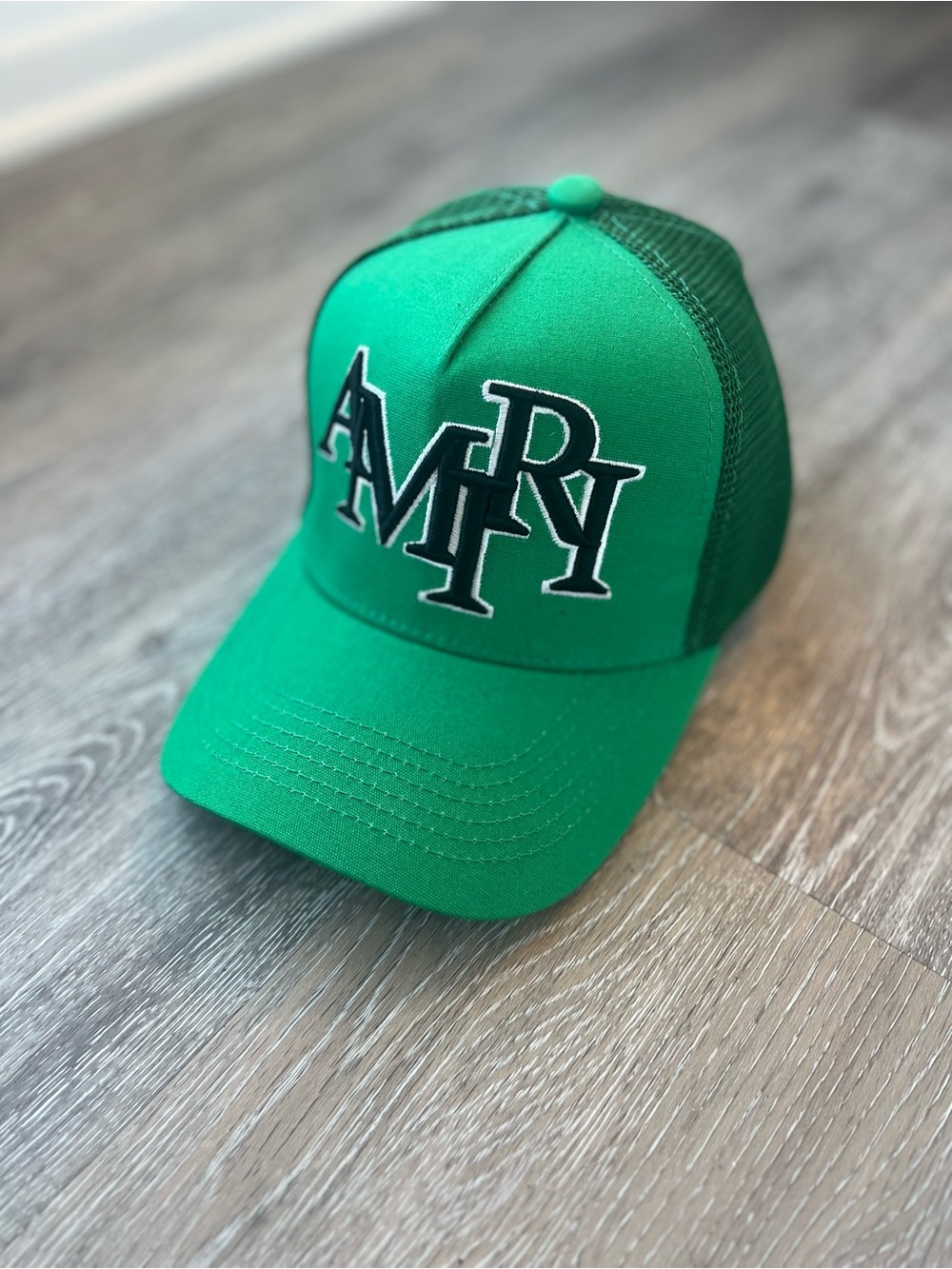 AMIRI MA Logo Trucker Hat Green Alabaster Mesh Snapback Baseball Cap